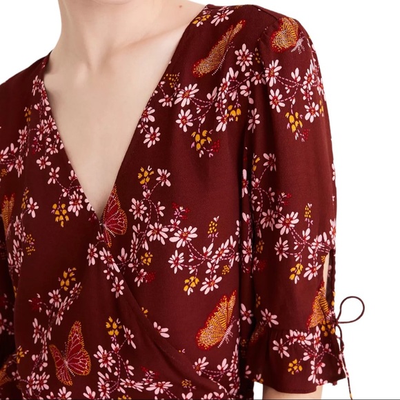 Madewell Tie-Sleeve Brick Red Wrap Top in Butterfly Sanctuary with Tie Sleeves - Picture 4 of 16